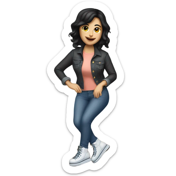 One Caucasian woman with black hair wearing jeans on roller skates cooking pancakes sticker