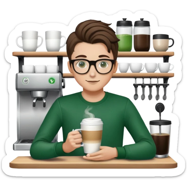 white barista boy with green spring black long sleeve, glasses and brown long ponytail   sticker