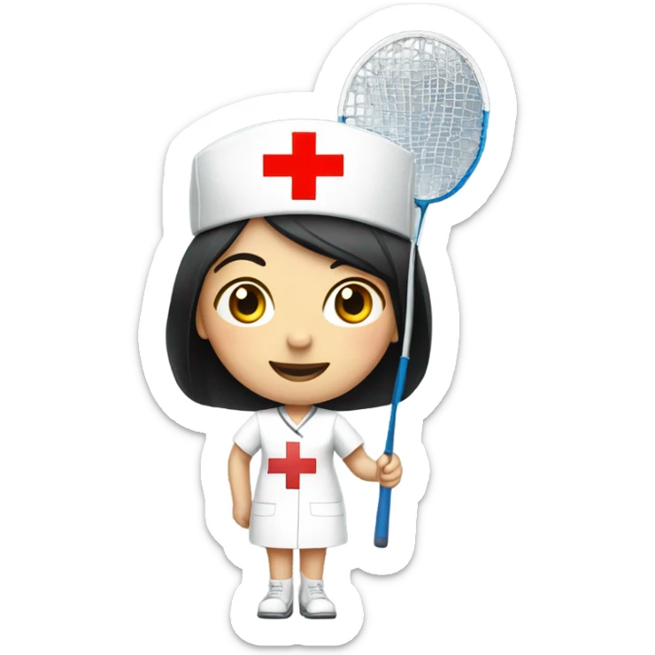short black straight hair female nurse with red cross sign hat playing badminton sticker