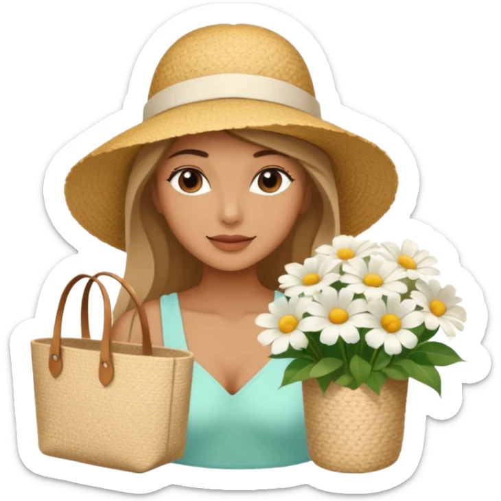 summer beautiful wicker hat next to it lies a beach beige bag and a bouquet of white flowers sticker