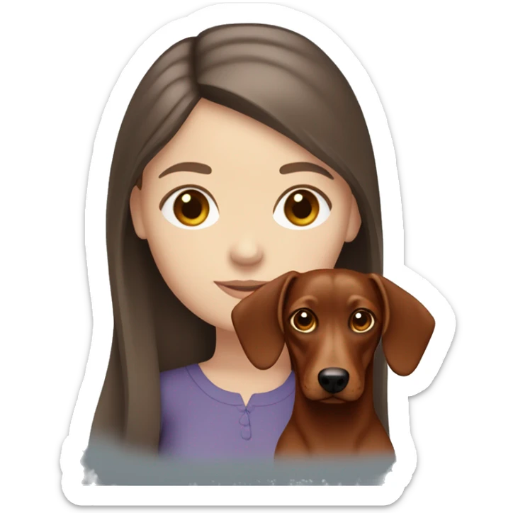 White girl with straight brown hair and blue eyes holding a red dachshund  sticker