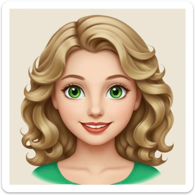 Girl, dark blonde wavy hair, beautiful eyelashes, green eyes, beautiful lips, smiles
 sticker