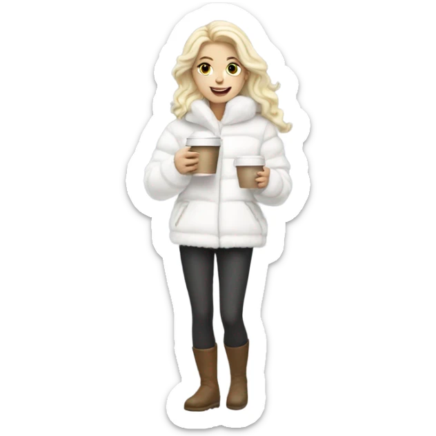 blonde girl wearing white fluffy jacket and a coffee to go in hand all dress white sticker
