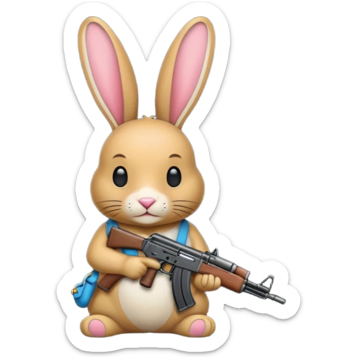 Crea un emoji de un conejo sosteniendo una  Ak47 con pasamontañas enojado sticker