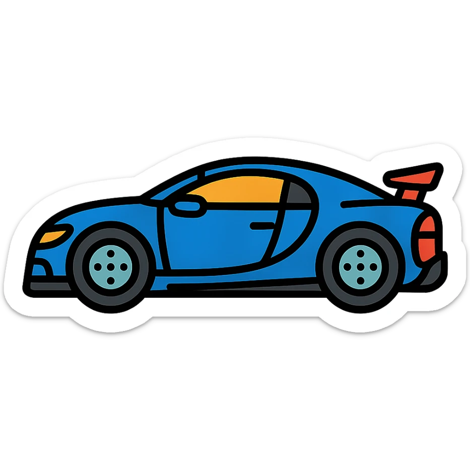 Bugatti car, side view, black outlines, blue body, sporty details, color icon style sticker