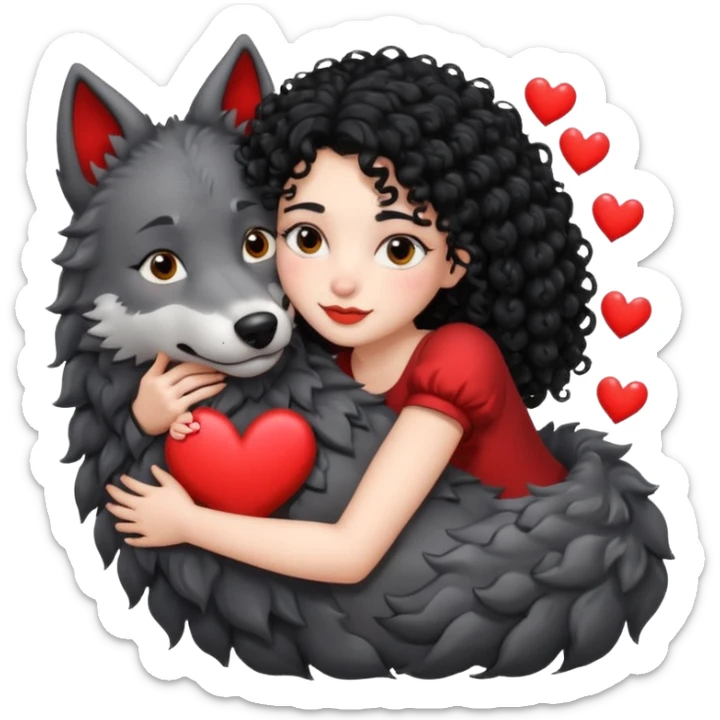 Black curly hair white skin girl hugging one big wolf with hearts above them sticker