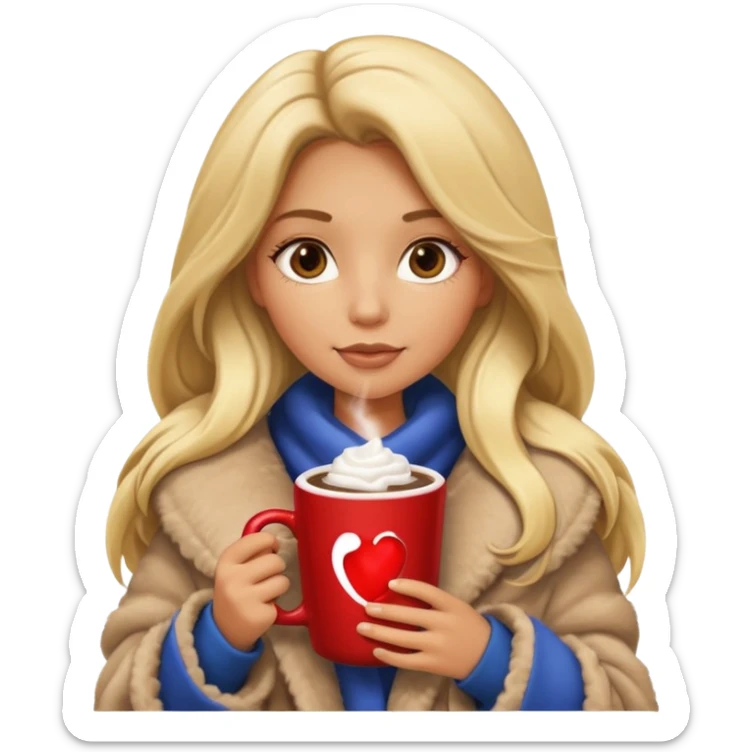 Tanned Girl with lashes , blonde hair, in an extremely big fluffy oversized coat and hold hot chocolate drink and more look like apple emoji face sticker