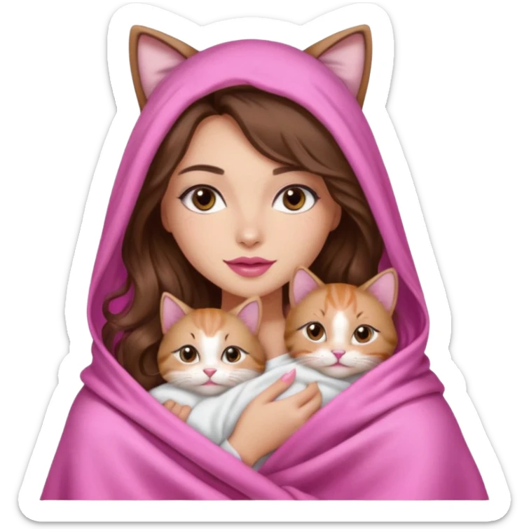 girl with long wavy brown hair, brown eyes, long lashes makeup, sexy pink lips, light to medium complexion, wearing a pink sexy silk top, big blanket over the head cozy holding a cat, no cat ears on the hood sticker