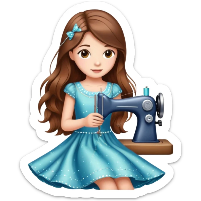 Girl with long brown hair sewing a cute dress with sparkles around her elegant  sticker