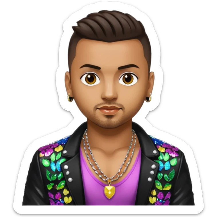 Sean Paul with dark brown hair, black sequin jacket, shirtless with necklace sticker