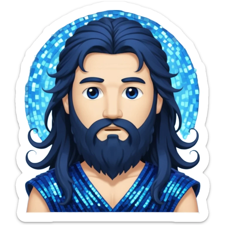Boreas, God of North Wind from Gods and Goddesses with long black shaggy hair and beard, deep blue sequin outfit sticker