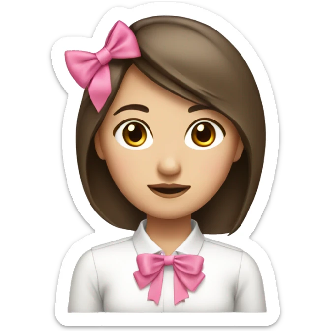 Asian girl medium length brown hair in business with a pink bow sticker