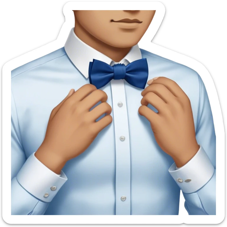 
a man's hand straightens a dark blue bow tie on the collar of a white shirt sticker