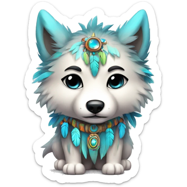 Fluffy Shy Colorful Chibi Spiritual Shamanic Wolf With Shiny Tribal Markings wearing feathers Full Body sticker