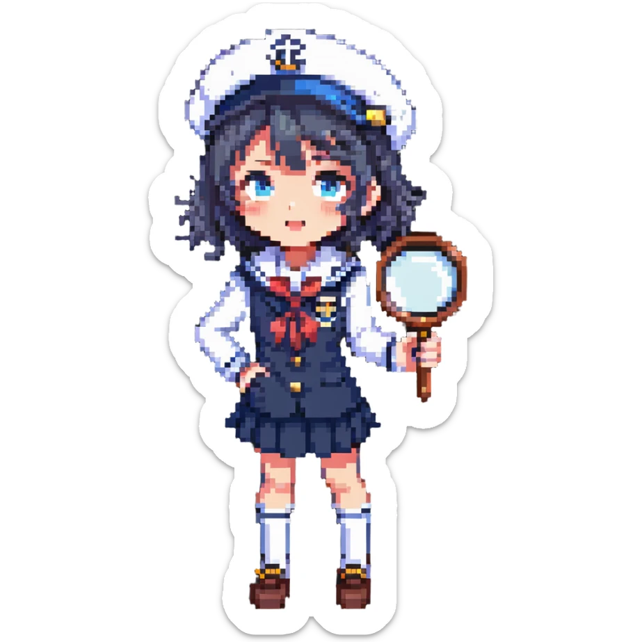 Japanese anime schoolgirl detective holding a magnifying glass, wearing a classic sailor uniform, expressive and cute, pixel art style sticker