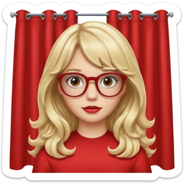 White skin Girl with blonde long wavy hair with curtain bangs and brown glasses wearing red sticker