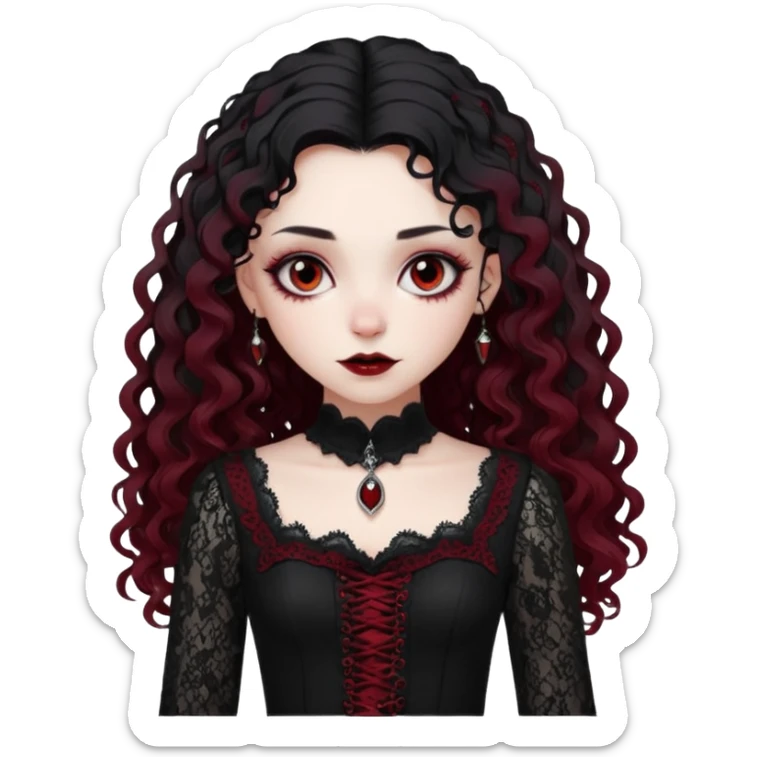 A girl with a dark red goth vampire look in a black goth lace dress with long sleeves longer black curly hair sticker