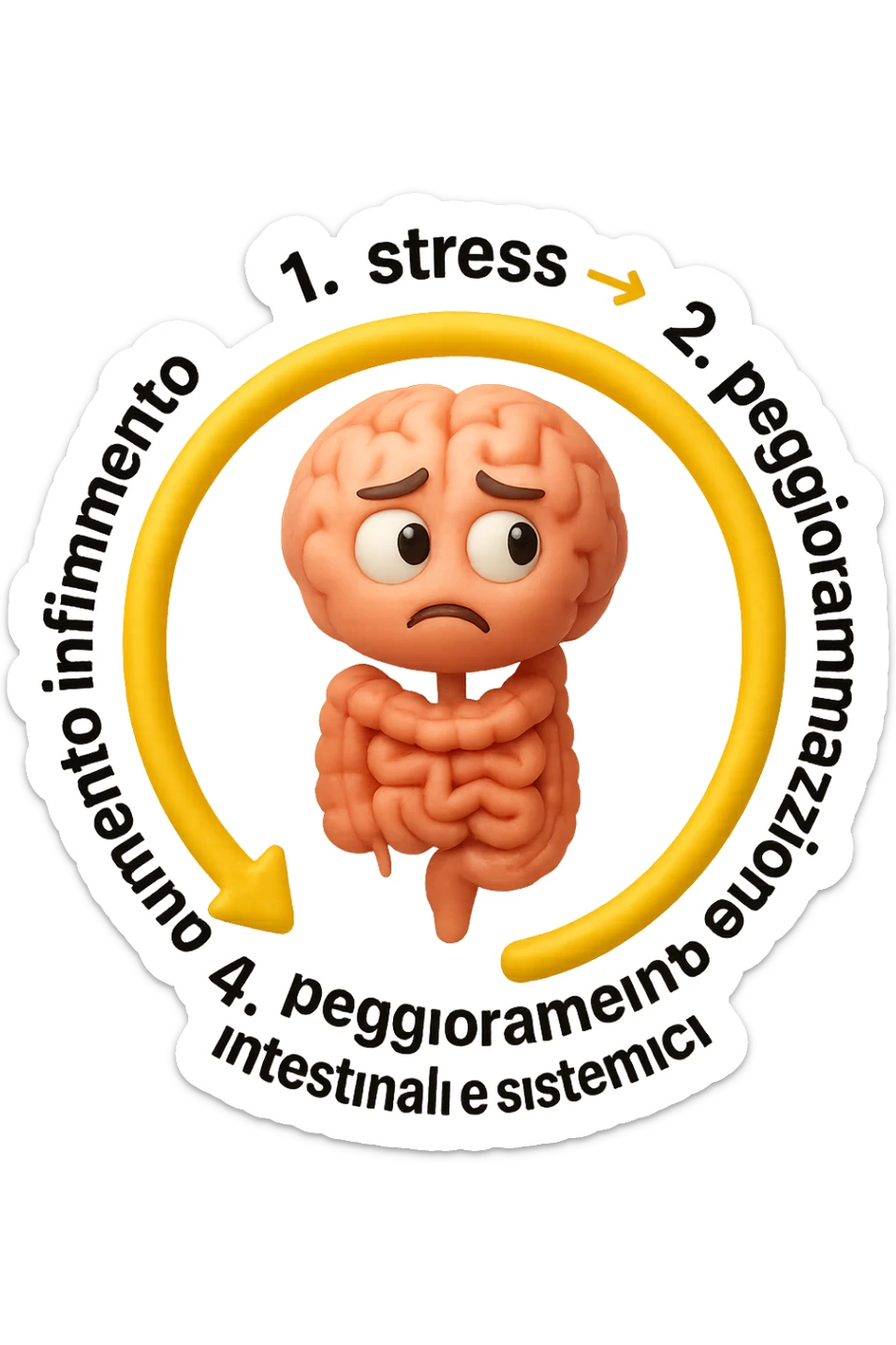 EMOJI STILE IPHONE 3D DI un cerchio con queste scritte che girano intorno in ordine per come li ho scritti "1. stress → 2. peggioramento intestinale → 3. aumento infiammazione → 4. peggioramento sintomi intestinali e sistemici." al centro del cerchio metti un cervello e intestino umani collegati verticalmente con espressione dubbiosa in volto, FALLO MOLTO REALISTICO IN 3D sticker