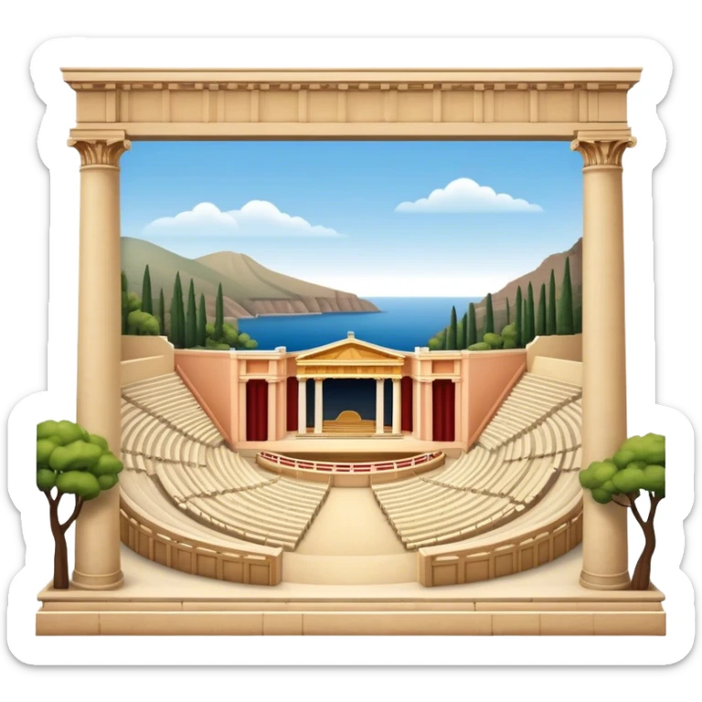 Cinematic Realistic Theatre of Epidaurus Landmark Emoji, depicted as a classical open‚Äêair theatre nestled in nature rendered with soft textures and serene, historical lighting. sticker