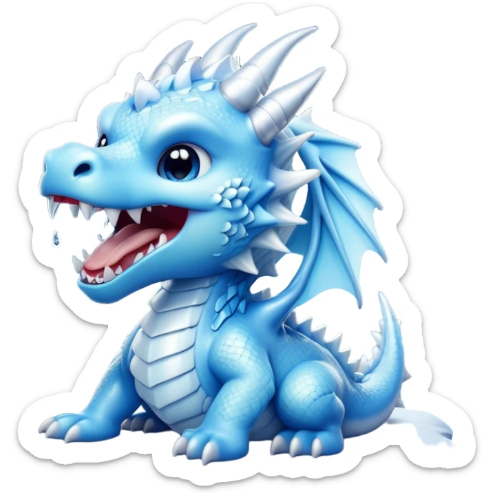 Cinematic Cute Yawning Beautiful Ice Dragon Portrait Emoji, Head tilted slightly with a dramatic, wide-open yawn, revealing a softly crystalline body with subtly drooping, frost-laden scales in cool blues and silvery hues, each detail rendered with natural icy finesse; high shine, relaxed yet elegant, styled with a dash of enchanted winter charm, soft glowing outline, capturing the essence of a sleepy yet graceful ice drake ready to stretch out and melt into a serene, frozen slumber! sticker