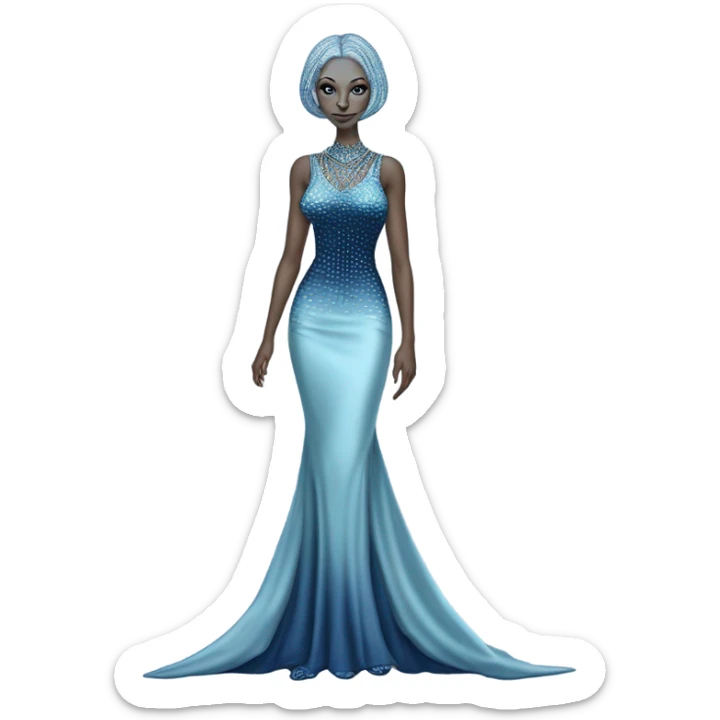 reptilian alien woman, in long slim pastel blue formal party satin dress with gradient shiny sparkling navy blue diamonds embroidered, full body full figure sticker