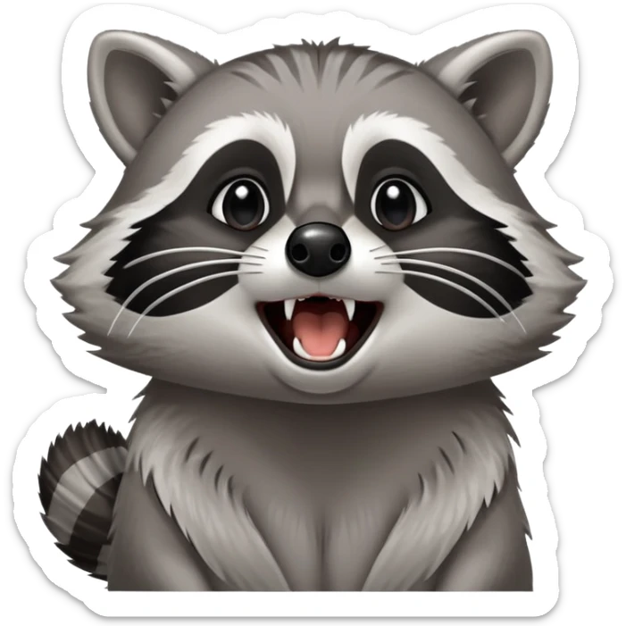 Cinematic-Noble- Yawning Raccoon-Portrait-Emoji – Poised and confident, wide-open yawn, revealing a soft grey with a sturdy build and a beautifully textured fur of silver-grey accented by dark black facial markings, deep-set, big black eyes, simplified yet sharp and sophisticated zoom out to show shoulders sticker