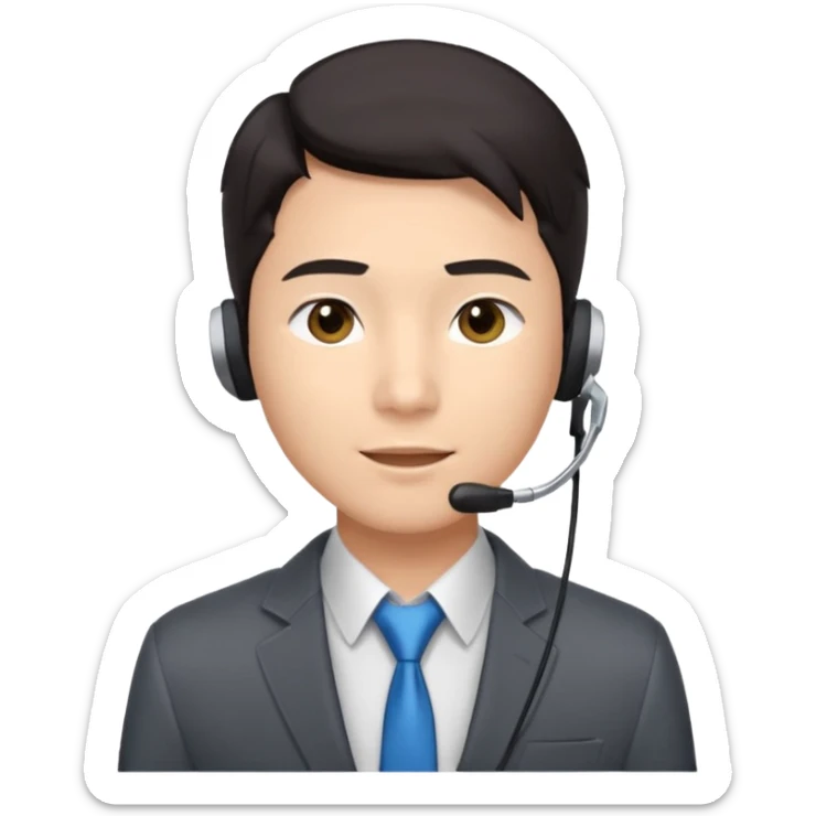 A young Asian man with smooth light skin, dark hair that swoops upward in the front, expressive eyes, a clean-shaven face, and a call-center style headset over one ear, usually paired with a crisp shirt and suit jacket visible from the chest up. sticker