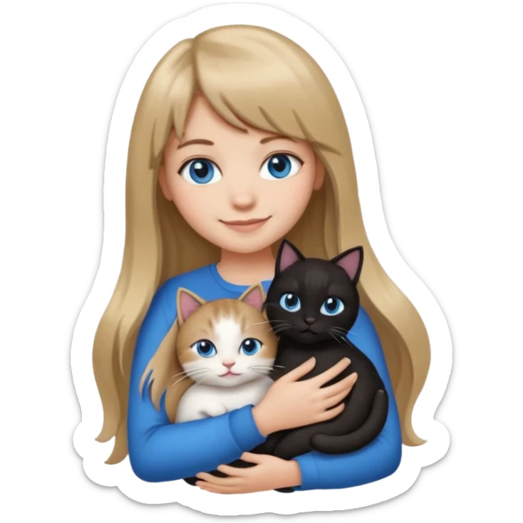 Apple-style emoji sticker of a young woman with long dark blond hair and bangs, blue eyes , holding a black-and-white cat on her chest, both smiling.  sticker