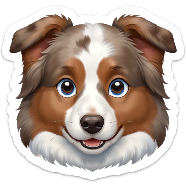 cute close-up of Australian Shepherd dog face, adorable expression, detailed heterochromatic eyes (one blue one brown), fluffy fur with merle pattern, expressive ears, sweet smile sticker