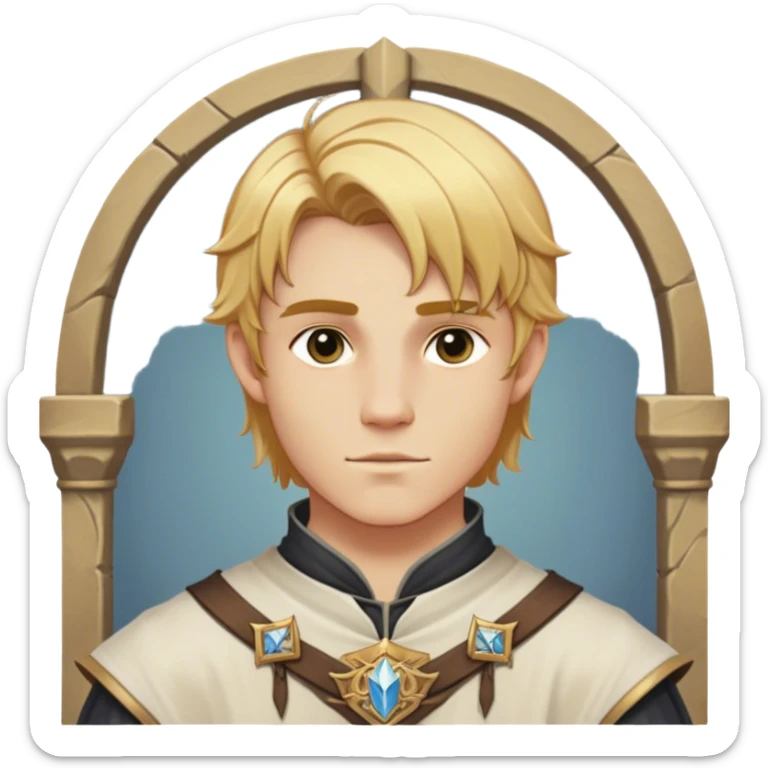 Medieval summer outfit worn by a DnD themed fantasy male character. Character has golden blonde hair cut in an even, symmetrical style that falls precisely to the jawline, with a perfectly centered part and identical lengths on both sides. sticker