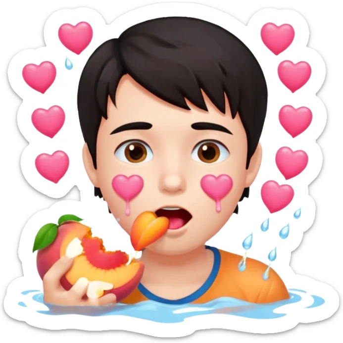 Cute boy, grown out dark hair, eating a peach, pink hearts floating , water dripping from mouth sticker