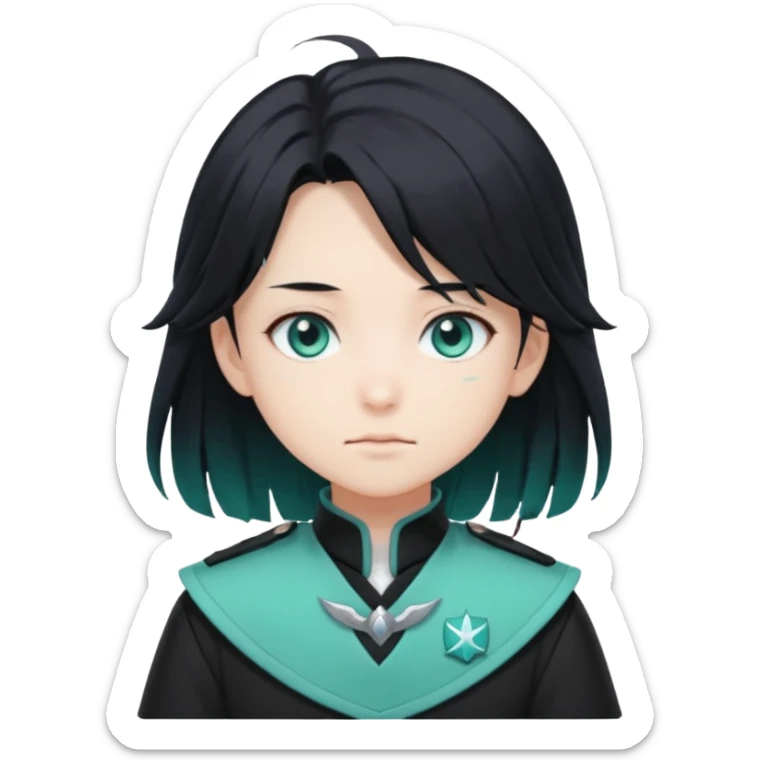 Tokito Muichiro emoji style — calm boy with long black hair fading mint green, turquoise eyes, pale skin, dreamy face, wearing dark Demon Slayer uniform, black + teal tone, anime cute clean style. sticker