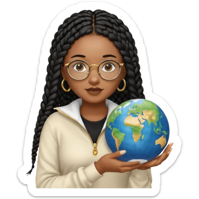 a young woman wearing fine gold round glasses and black hair in several box braids, no earrings, she has light black skin, and she's wearing a white shirt with a black quarterzip sweater. She's holding a globe in one hand sticker