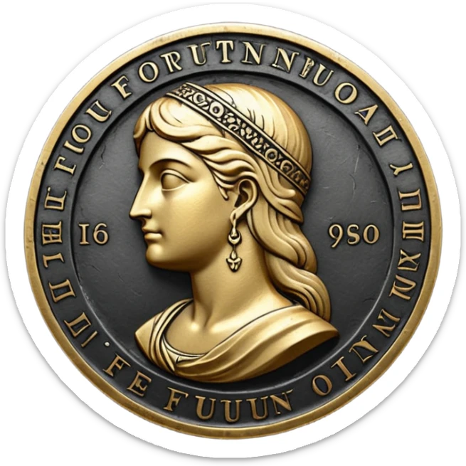 Emoji style, ancient coin made of blackened metal, “FORTUNA” engraved in refined fashion typography, heavy form, subtle worn metal texture, avant-garde editorial aesthetic, no glow, no neon, flat emoji design, centered, transparent background sticker