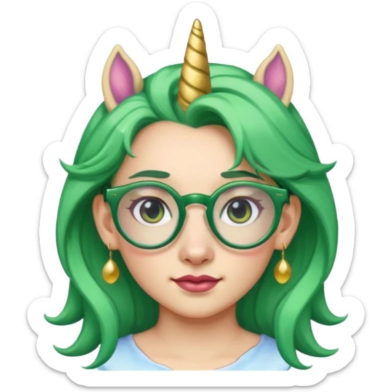 unicorn with green hair and big earrings looking into camera and spectacle sticker