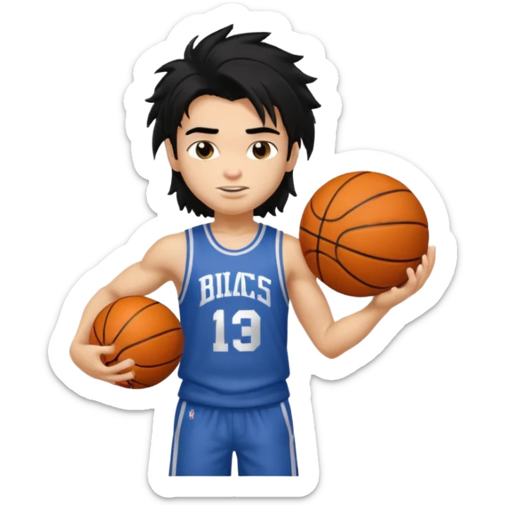 generate a pretty fair bratz boy with a long messy mullet (black hair), carrying a basketball in one hand. Smirking .  Lean but biceps sticker