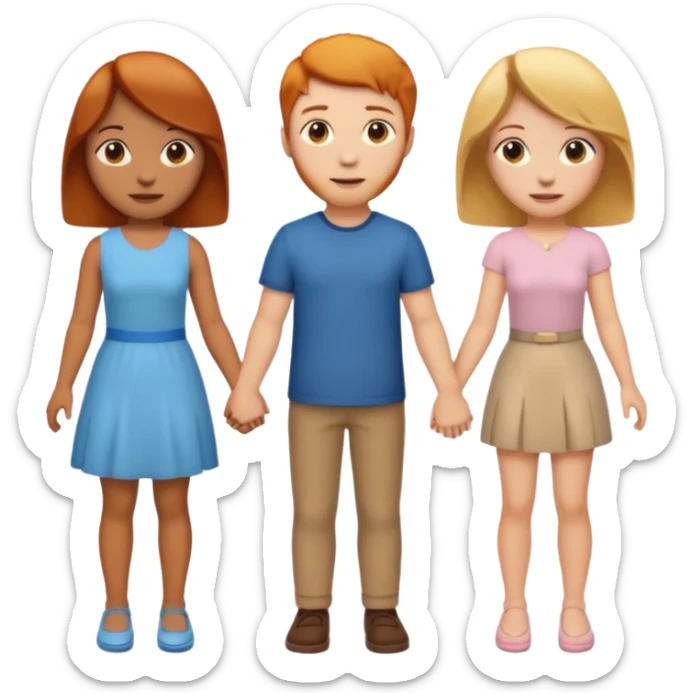 3 emojis holding hands, ginger girl on the left, brunette man in the middle, blonde on the right sticker
