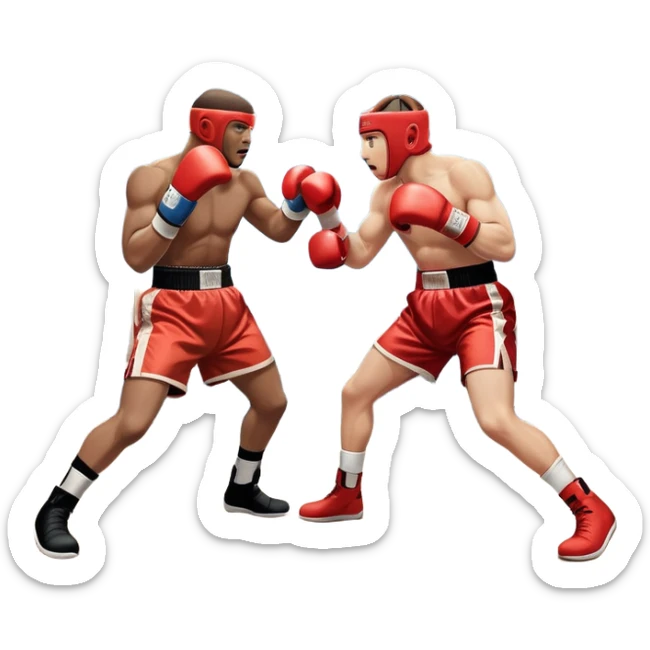 An icon showing two professional boxers in the middle of an intense fight in the ring. They are wearing gloves and protective gear, with one boxer throwing a punch while the other dodges. The background features bright lights, a cheering crowd, and the ropes of the boxing ring. sticker