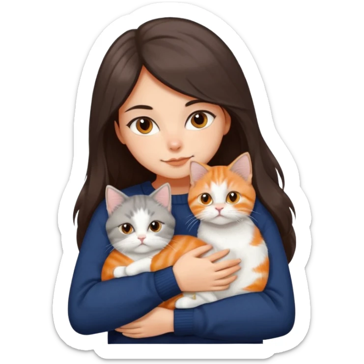a girl with long dark brown hair, in a navy sweater, hugs a persian peaknose grey cat and persian peaknose orange and white kitten and a persion peaknose brown tabby and white cat sticker