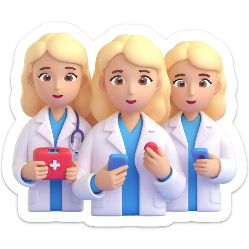 Close-up of a medical review panel with up to three people, each with a thoughtful or concerned expression, reviewing two medical product options. The style is the same 3D emoji style as the reference image. Use a neutral background. sticker