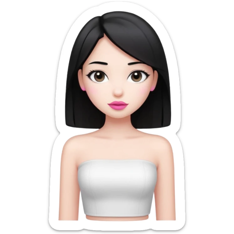 pretty girl, black straight hair to waist, pink lipstick, gentle aura, white tube top sticker