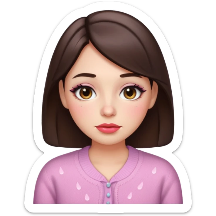 “Emoji brunette girl, dewy skin, heavy blush across cheeks and nose bridge, glossy cherry lips, soft eyeliner, teary sparkling eyes, pastel cardigan.” sticker