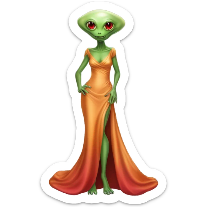 reptilian green alien woman, in long slim pastel orange formal party satin dress with gradient shiny sparkling dark red, full figure, full body sticker