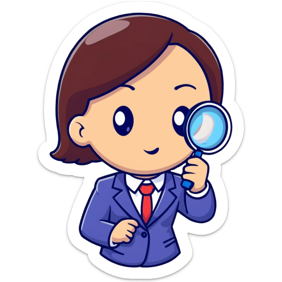 girl detective in a suit, peering through a magnifying glass, inquisitive expression sticker