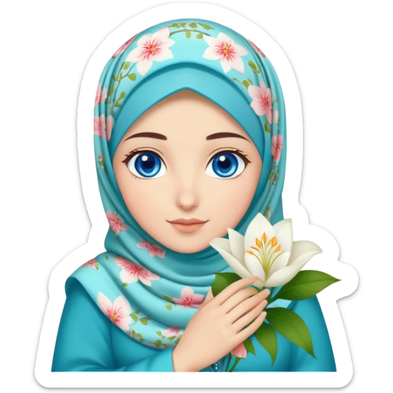 Turkish beautiful finish Konya girl blue eyes with lilies floral hijab islamic dress and had on her hand text Eid Mubarak  sticker