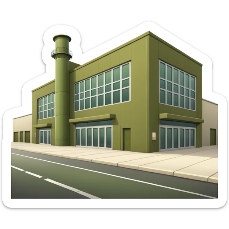 modern industrial factory building, military olive green color, large windows, industrial doors, no smoke, visually appealing, no weapons, no vehicles, not a house sticker