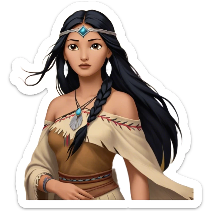 Cinematic Realistic Pocahontas Portrait, depicted with lifelike skin texture, soft natural lighting, and intricately detailed long, flowing raven-black hair that moves gracefully in the wind. Her deep, soulful dark brown eyes exude wisdom and strength, complemented by a serene yet powerful expression. She is dressed in her classic one-shoulder native american dress, with rich fabric textures and delicate beaded details that catch the light beautifully. The portrait features a soft, sun-kissed glow with a natural, radiant finish, capturing the essence of untamed beauty and deep connection to nature in a realistic and painterly style, evoking a sense of depth and authenticity. sticker