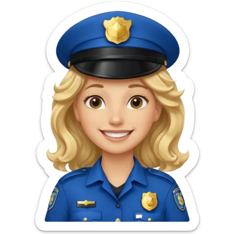 Female POLICE IN blue, long blonde curly hair, happy smile sticker