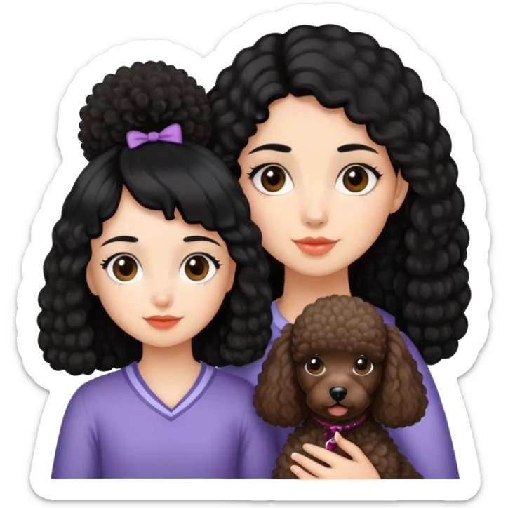 A girl with black hair and fair skin, and a miniature brown Poodle. sticker