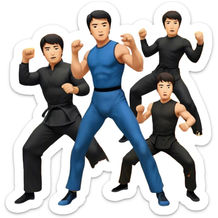 Icon for Action Movies: Collage of Arnold Schwarzenegger, Sylvester Stallone, Bruce Lee, and Jackie Chan in iconic action poses, surrounded by explosions, weapons, and martial arts moves. The design should capture the high-energy, dynamic nature of their films. Transparent background. sticker